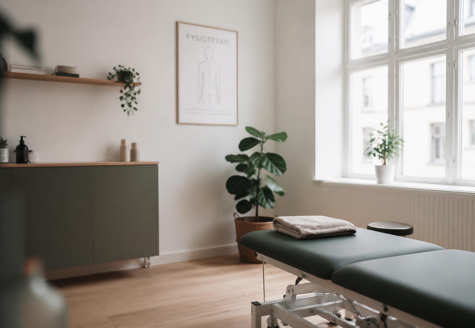 Behandlingsrum på Bistrup Fysioterapi med briks, plante og dagslys